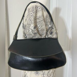 Vintage Y2K Guess Black Shoulder Bag With Tan Piping And Silver Hardware